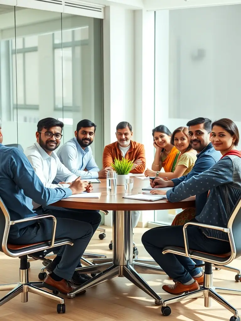 A diverse group of Indian professionals participating in a dynamic workshop, actively engaged in discussions and collaborative problem-solving, representing group coaching.