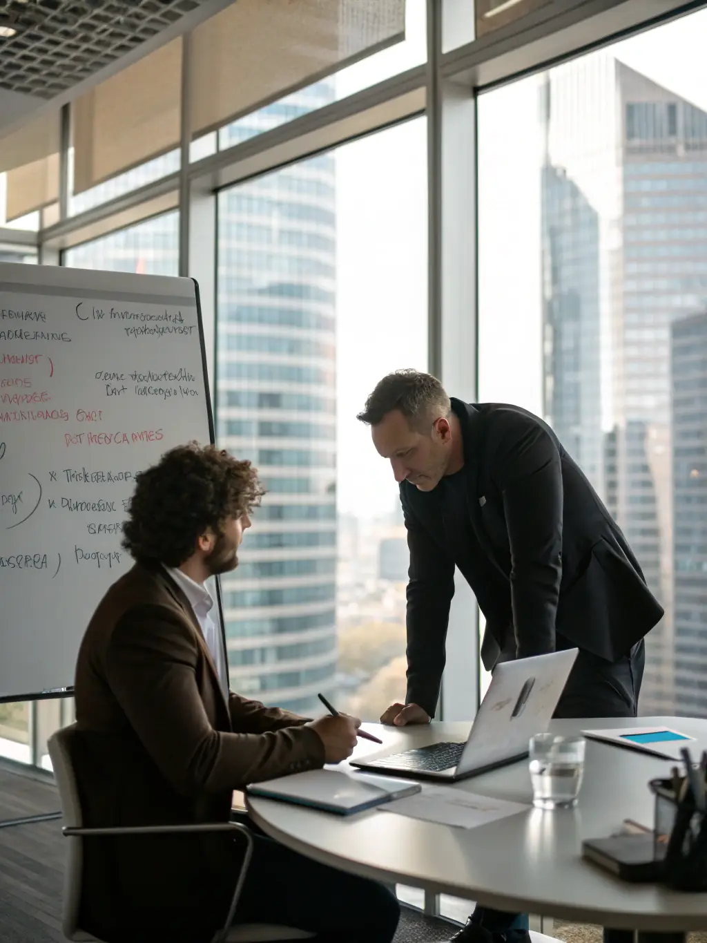 An image of a coach and client engaged in a focused discussion, with Indian business environment elements in the background, symbolizing personalized business coaching.