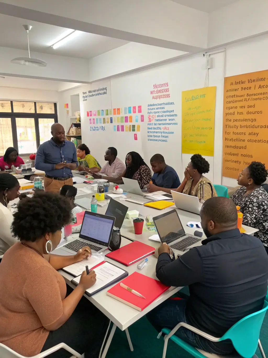 A group of Indian entrepreneurs participating in a lively workshop with a facilitator leading the session, representing group workshops and seminars.